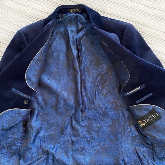 NWT Tazio Navy Velvet Notch Lapel Tuxedo Jacket Blazer Fully Lined size 38 - Picture 2 of 12